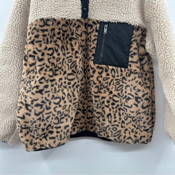 Rails Sherpa Faux Fur Leopard Print Teddy Jacket T-Snap Pullover Sz L - Picture 4 of 9
